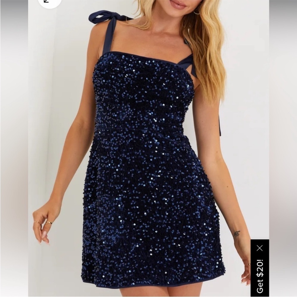 Lulus Glittering Allure Navy Blue Velvet Sequin Tie-Strap Mini Dress Size M
